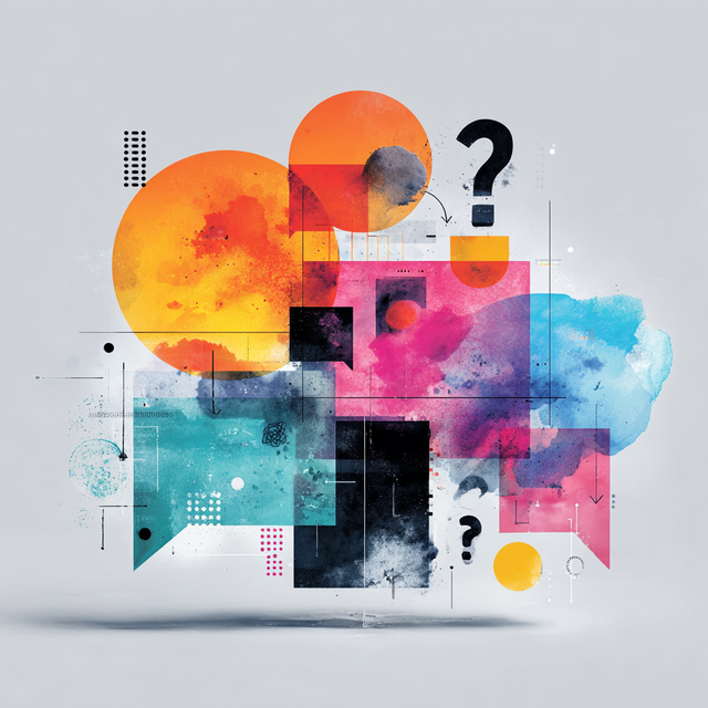 Colorful illustration of a cluster of quote boxes, circles, and question marks