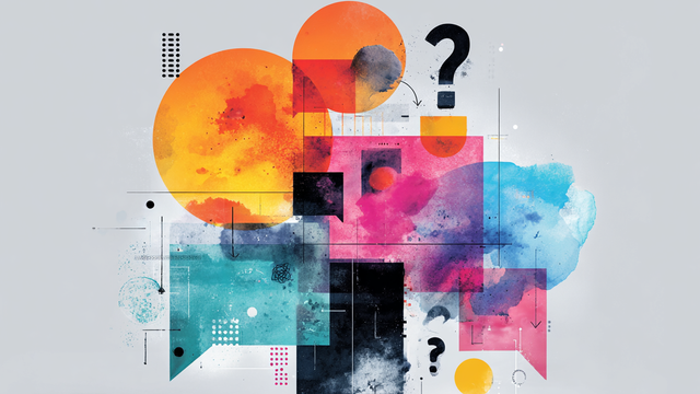 Colorful illustration of a cluster of quote boxes, circles, and question marks