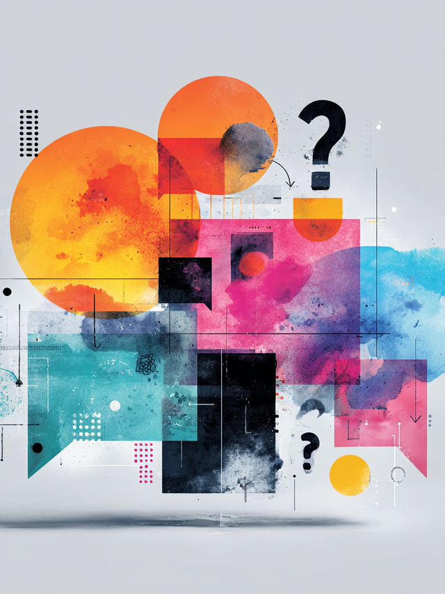 Colorful illustration of a cluster of quote boxes, circles, and question marks