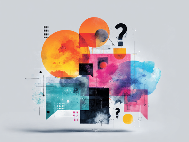 Colorful illustration of a cluster of quote boxes, circles, and question marks
