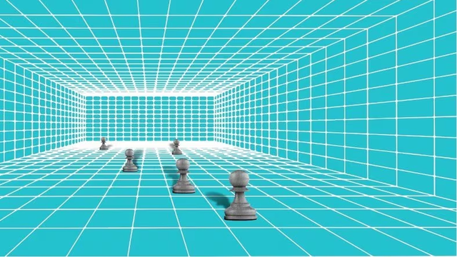 Pawns on a 3-D blue and white grid