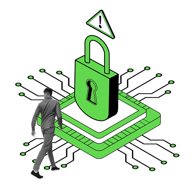A man walks toward a large green padlock mounted on a circuit board platform, with a warning triangle hovering above it