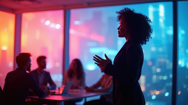 Silhouette of a woman speaking to three people in a meeting room