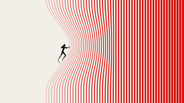 Illustration of a person pushing red vertical lines on a white background