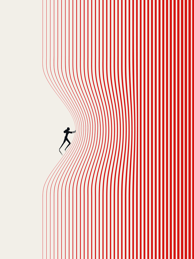 Illustration of a person pushing red vertical lines on a white background