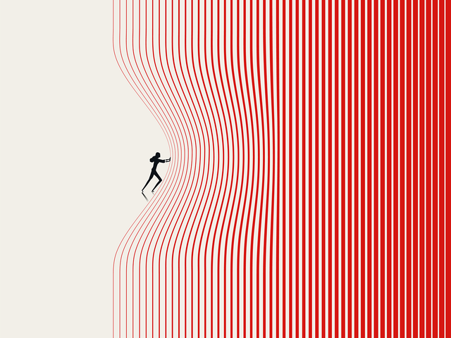 Illustration of a person pushing red vertical lines on a white background