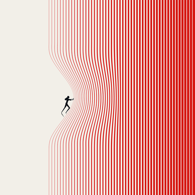 Illustration of a person pushing red vertical lines on a white background