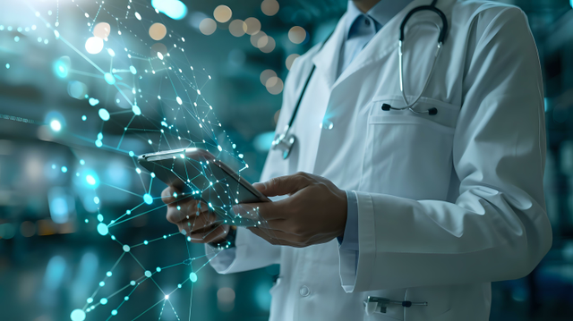 Doctor using a tablet with abstract digital connections, symbolizing modern healthcare technology and innovation. 