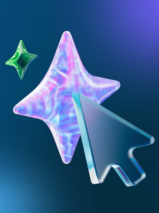 A large arrowhead pointing to a multicolored, four-pronged AI star with a smaller, green AI star above it