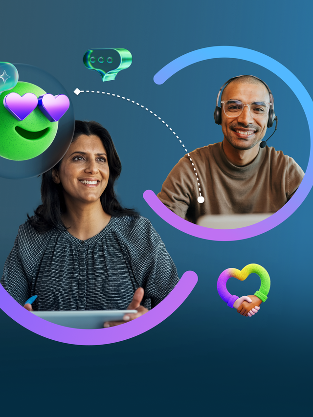 The CX Shift report image: 2 workers in colored circles surrounded by 3D icons