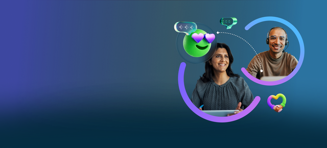 A woman with a tablet and a headset-wearing agent are connected by digital icons — a heart-eyes emoji, chat bubbles, and a heart — suggesting a warm, AI-enhanced customer service exchange