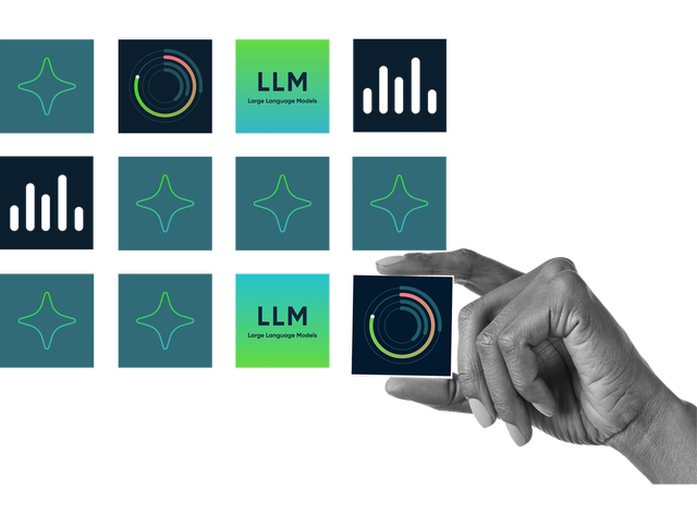  A hand selects a tile from a grid of AI-related icons — including LLM, analytics charts, and sparkle symbols — suggesting the process of choosing among AI tools and capabilities
