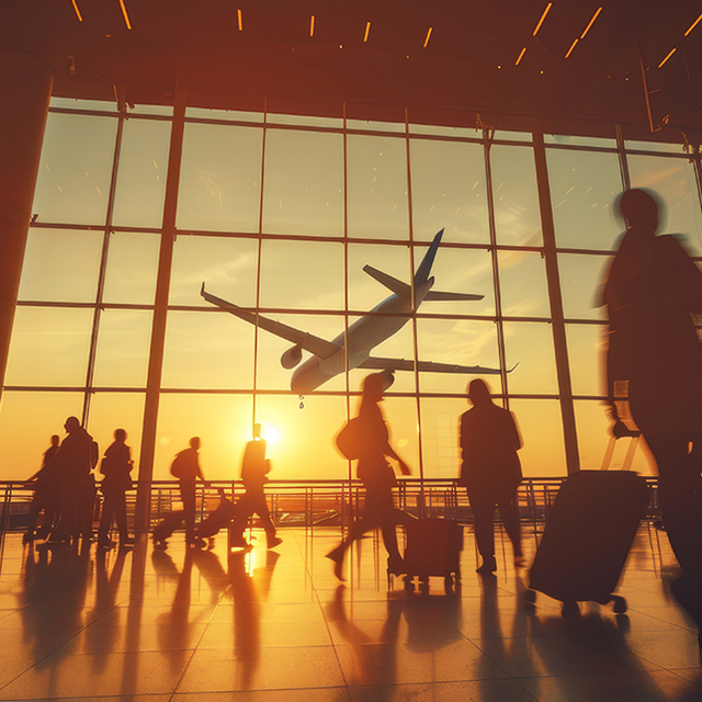 Silhouetted passengers with luggage walking through a blurred airport terminal at sunset