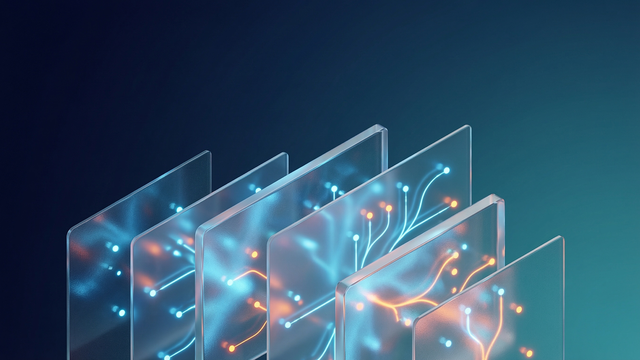 Abstract rectangular glass plates on end with blue and orange treelike lines and dots