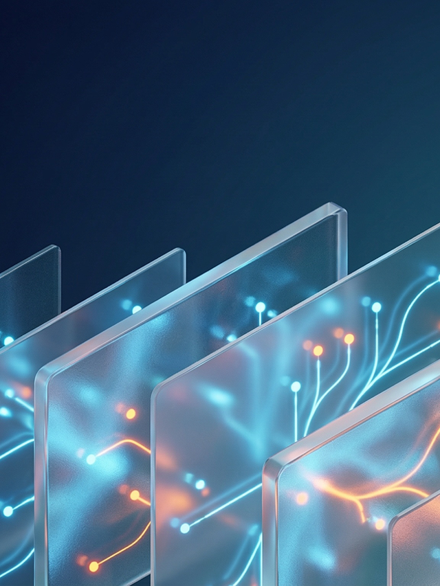 Abstract rectangular glass plates on end with blue and orange treelike lines and dots