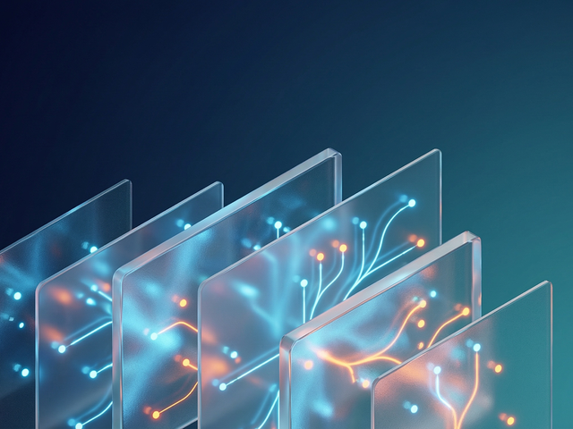 Abstract rectangular glass plates on end with blue and orange treelike lines and dots