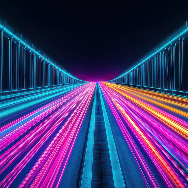 Neon light trails in blue, pink, and orange along a futuristic bridge