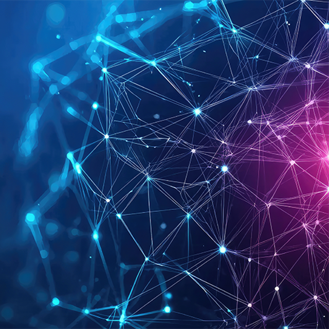 A digital network graphic featuring interconnected nodes and lines in blue and pink tones