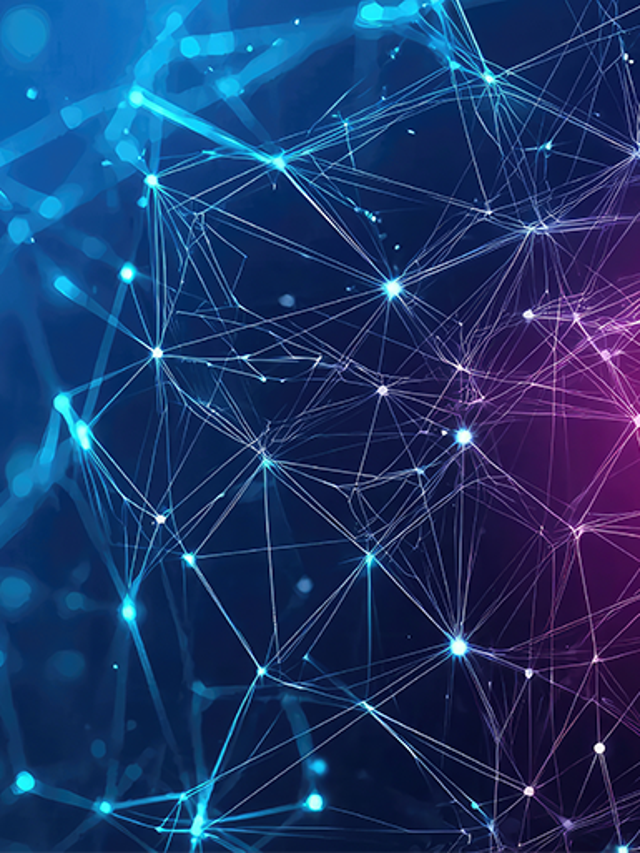 A digital network graphic featuring interconnected nodes and lines in blue and pink tones