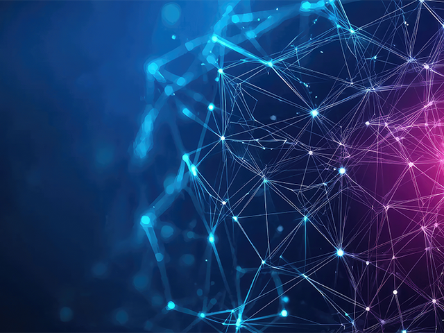 A digital network graphic featuring interconnected nodes and lines in blue and pink tones