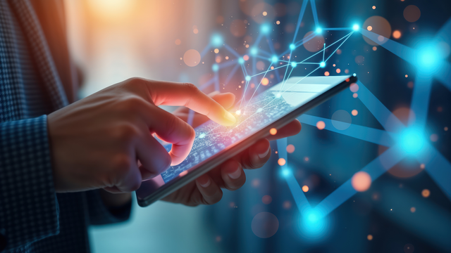 Hands touching a tablet screen displaying complex data networks