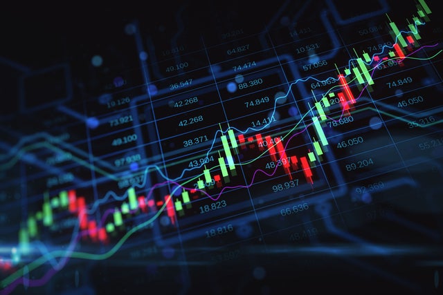 Perspective view on growing up financial chart candlestick and diagram on digital forex market screen background