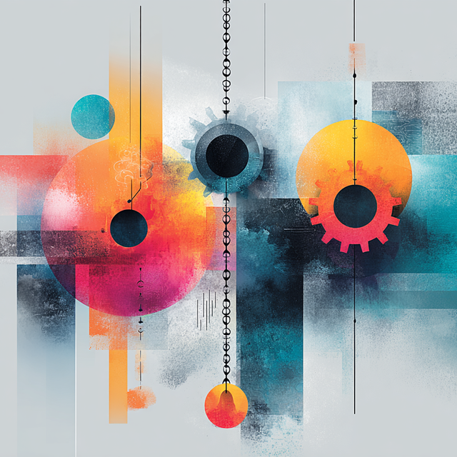 Colorful illustration of gears hanging on chains
