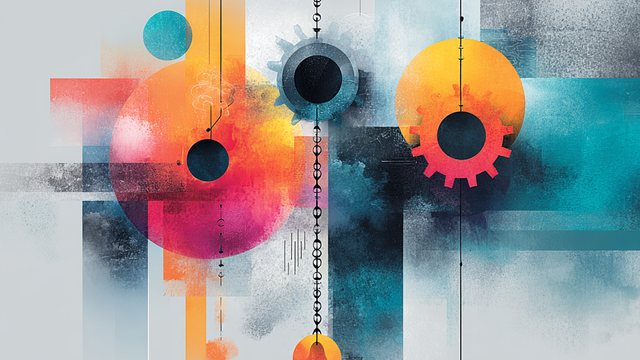Colorful illustration of gears hanging on chains
