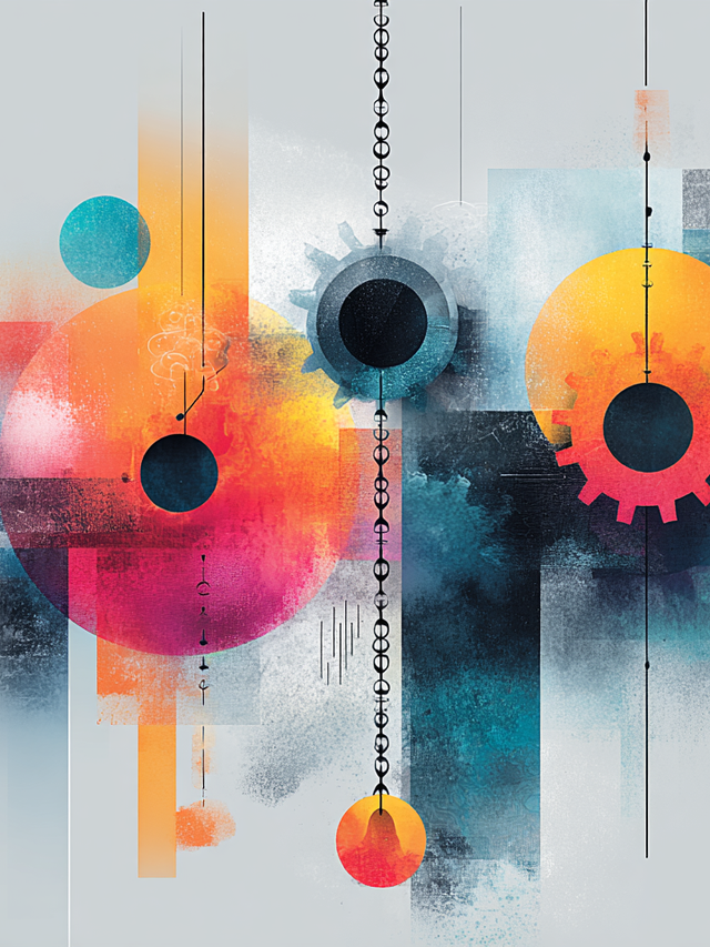 Colorful illustration of gears hanging on chains