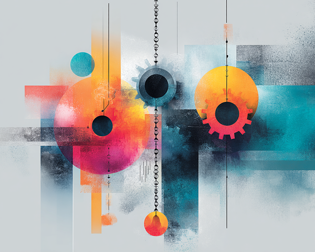 Colorful illustration of gears hanging on chains