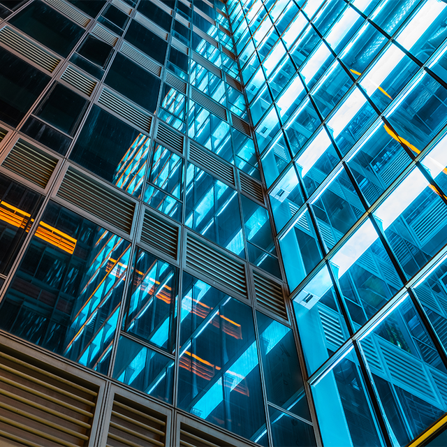 Exterior of a multilevel glass office building