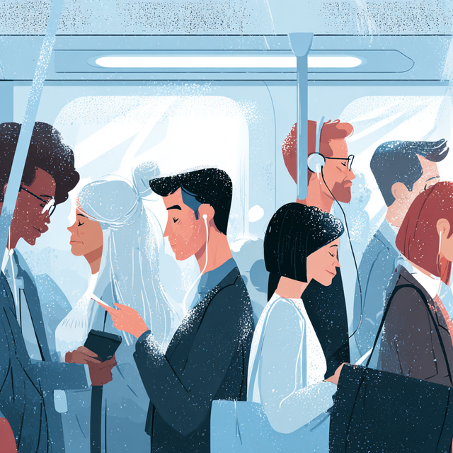 Illustration of people standing in close quarters using technology