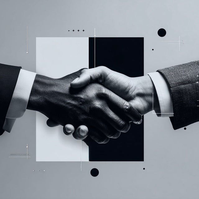 Two hands engaged in a handshake in front of a black and white square