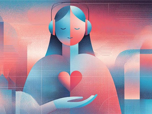 Illustration of a woman wearing headphones holding a heart in her hand