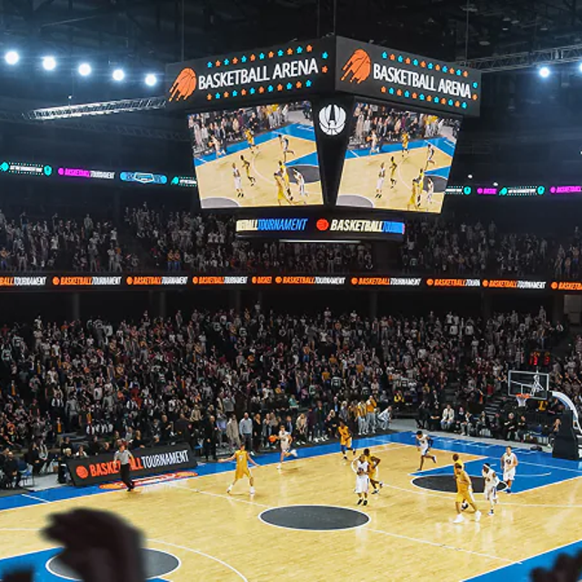 A basketball arena during a game
