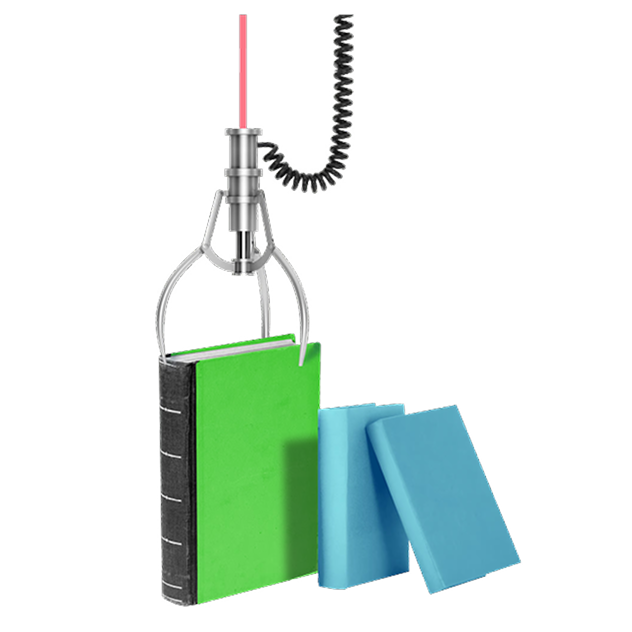Image of a robotic claw with a laser beam picks up a green book from a stack, with two blue books leaning nearby
