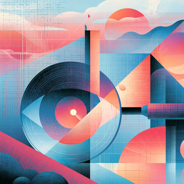 Illustration in blues and reds showing circle, triangle, and square shapes and an eye