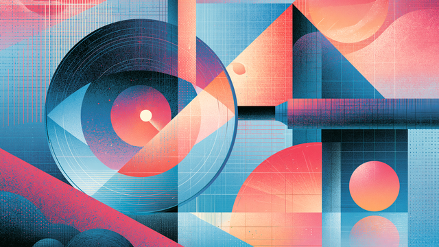 Illustration in blues and reds showing circle, triangle, and square shapes and an eye