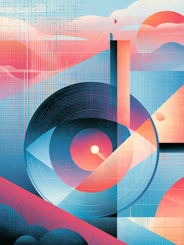 Illustration in blues and reds showing circle, triangle, and square shapes and an eye 