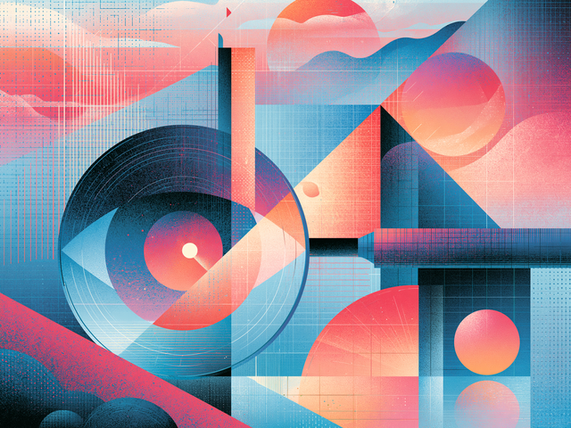 Illustration in blues and reds showing circle, triangle, and square shapes and an eye