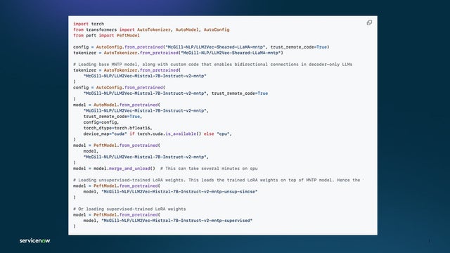 Code to initialize the model and apply MNTP-trained LoRA weights on top