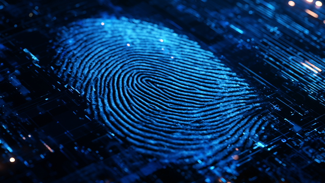 A blue fingerprint surrounded by yellow-orange specks of light