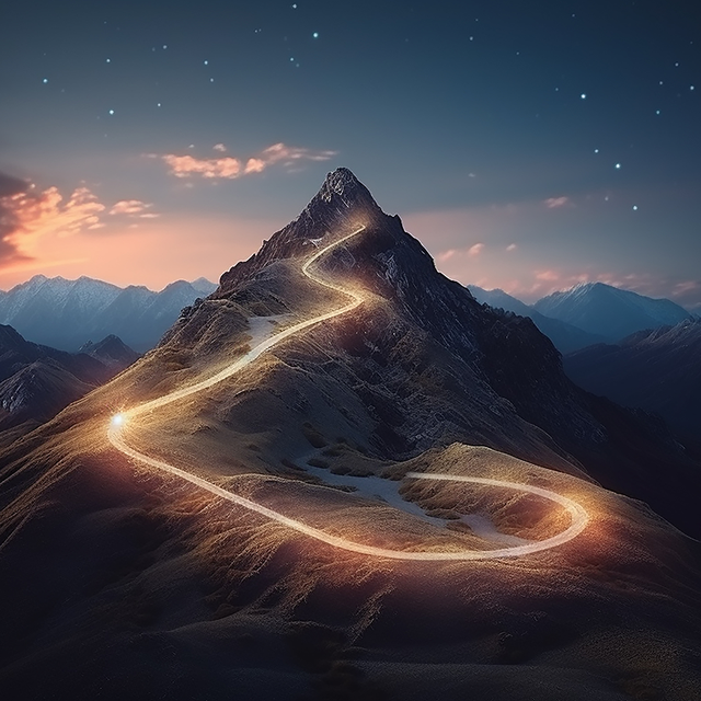 A glowing path to the top of a mountain