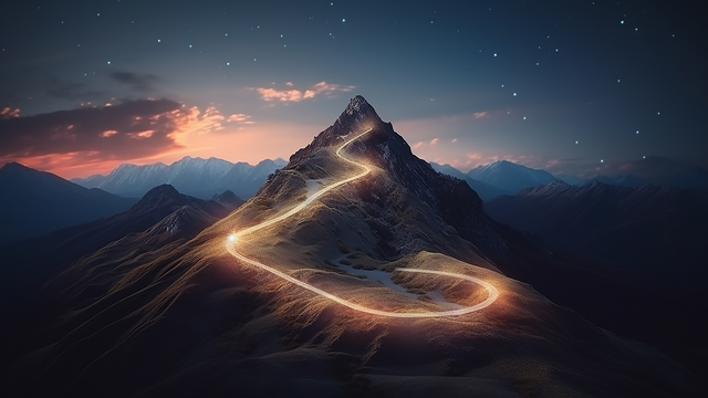 A glowing path to the top of a mountain