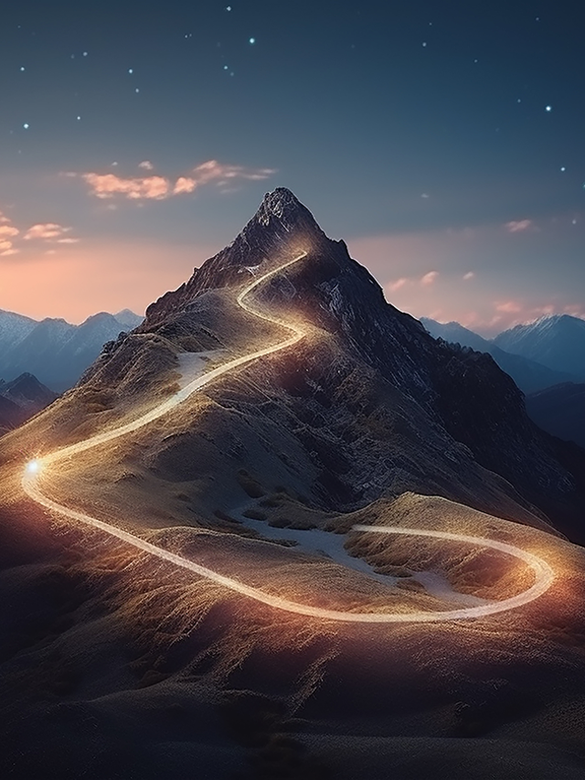 A glowing path to the top of a mountain