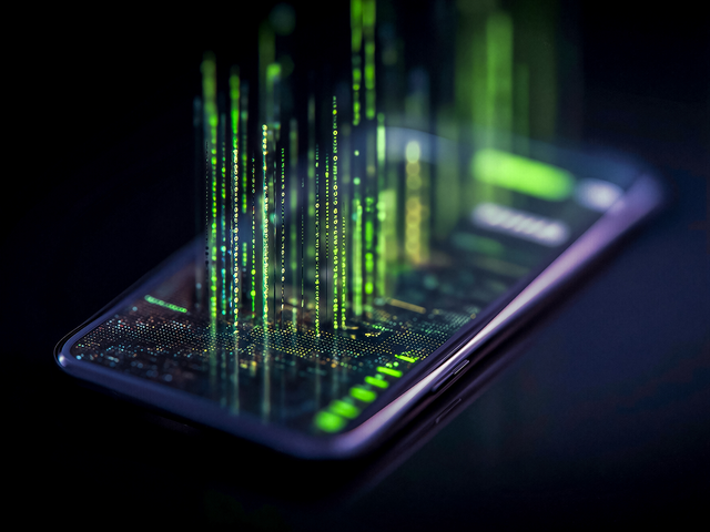 Green lines of code floating out of a smartphone