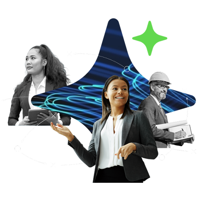 Three professionals — a woman with a tablet, a woman gesturing confidently, and a man in a hard hat — are surrounded by glowing digital lines and AI-inspired design elements