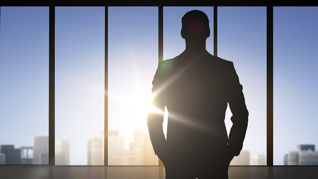 Silhouette of a man standing in front of a sunny city window