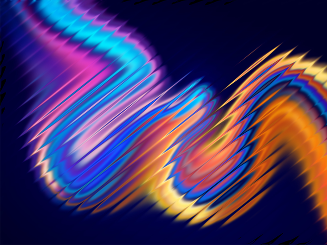 A dynamic, flowing wave of vibrant, multicolored light streaks with a jagged, textured edge