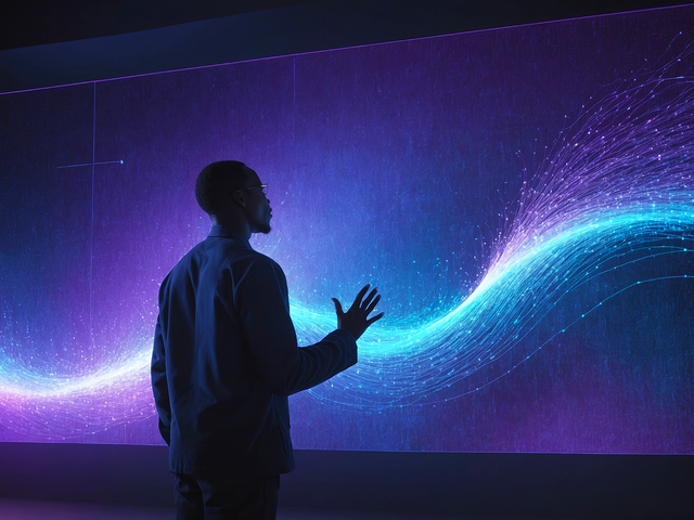 Silhouette of a man reaching towards abstract digital data visualization